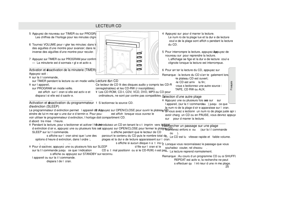 Philips MZ-33 manual Lecteur CD, Lecture d’un CD, Rechercher un passage sur une plage, Le CD est arrivé à la fin 