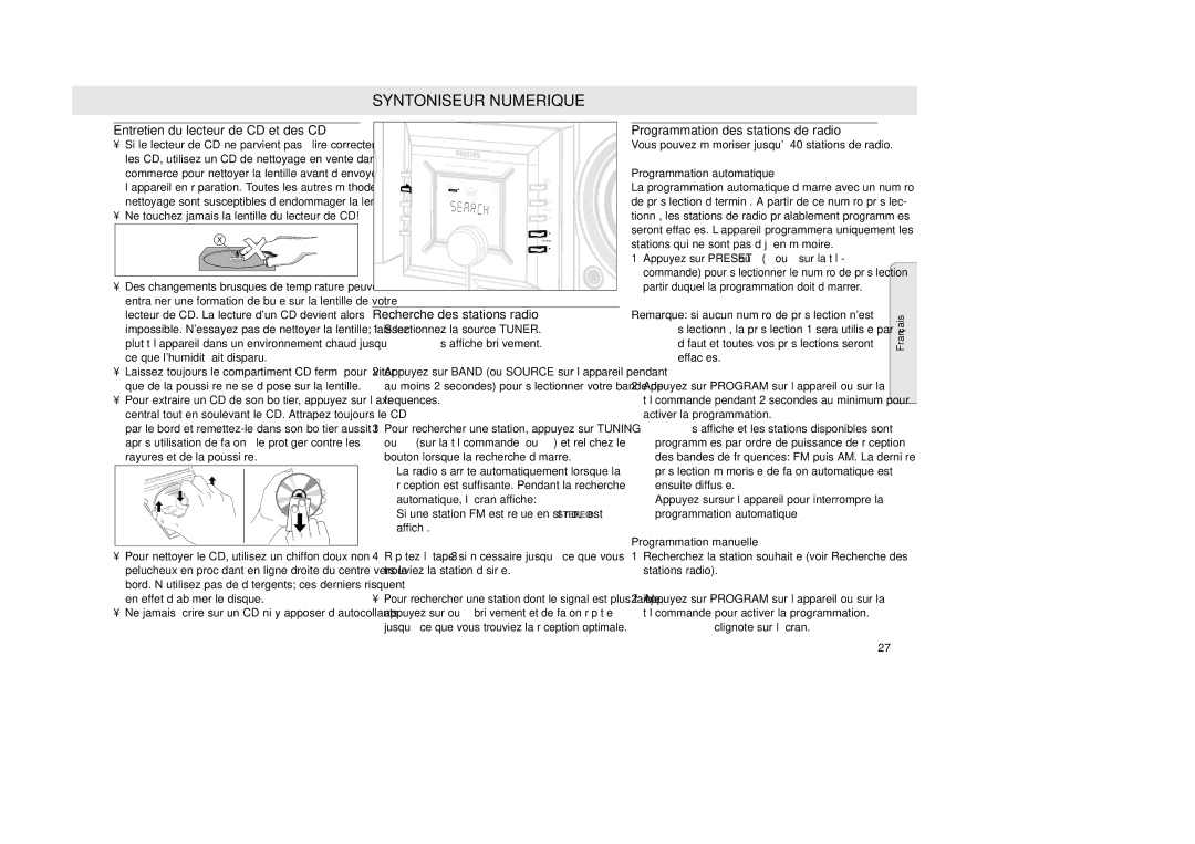 Philips MZ-33 manual Syntoniseur Numerique, Entretien du lecteur de CD et des CD, Programmation des stations de radio 