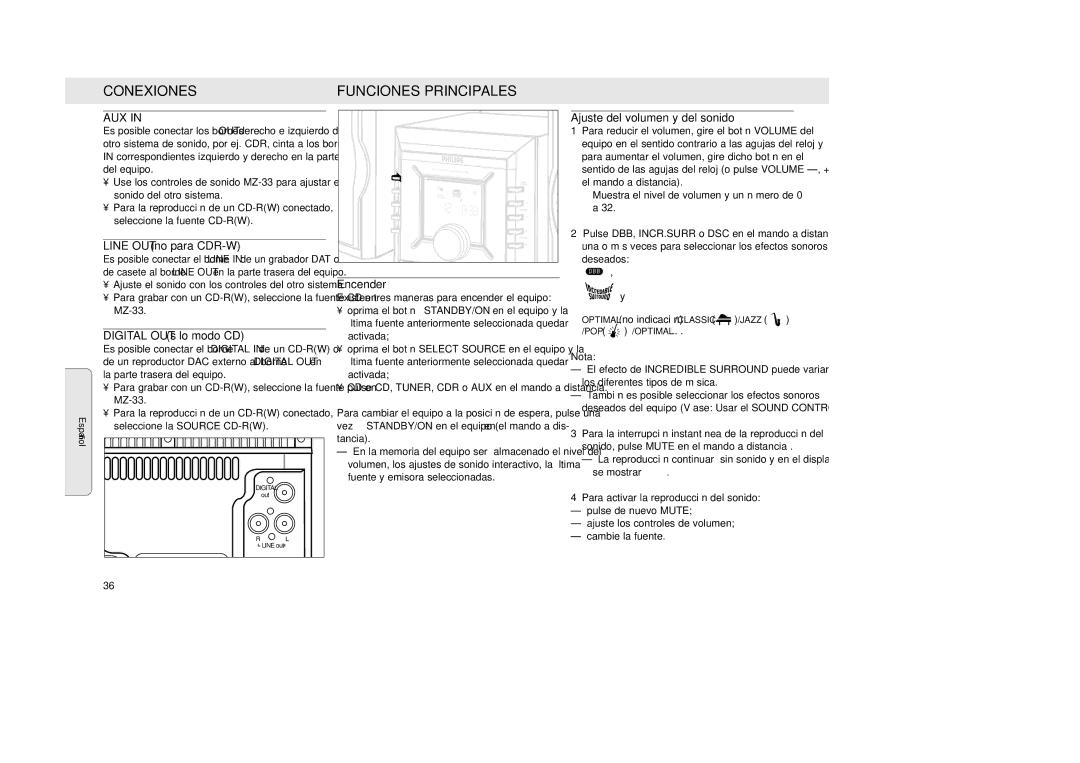 Philips MZ-33 manual Conexiones, Ajuste del volumen y del sonido, Nota 