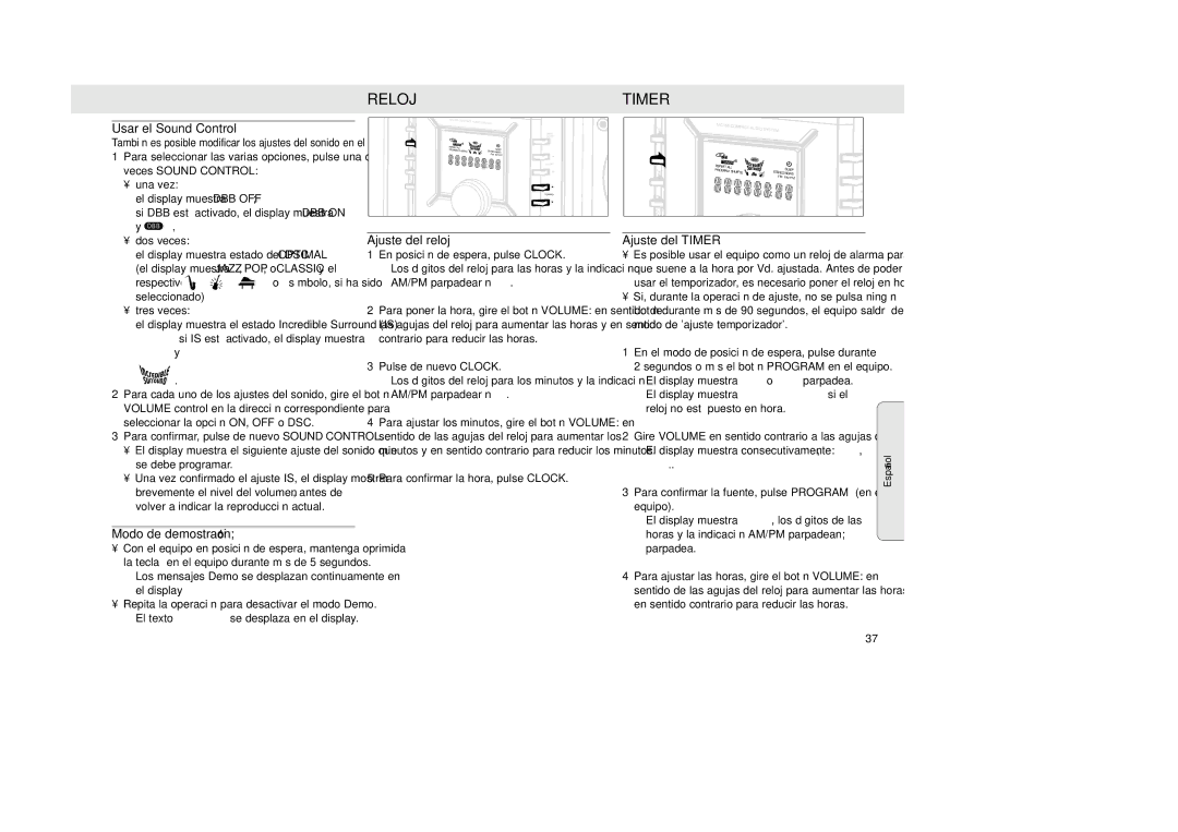 Philips MZ-33 manual Reloj, Usar el Sound Control, Modo de demostración, Ajuste del reloj, Ajuste del Timer 