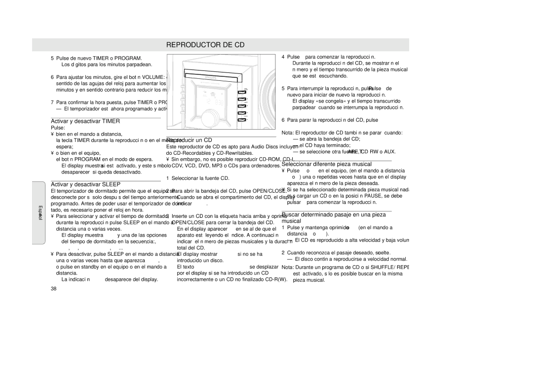 Philips MZ-33 manual Reproductor DE CD 