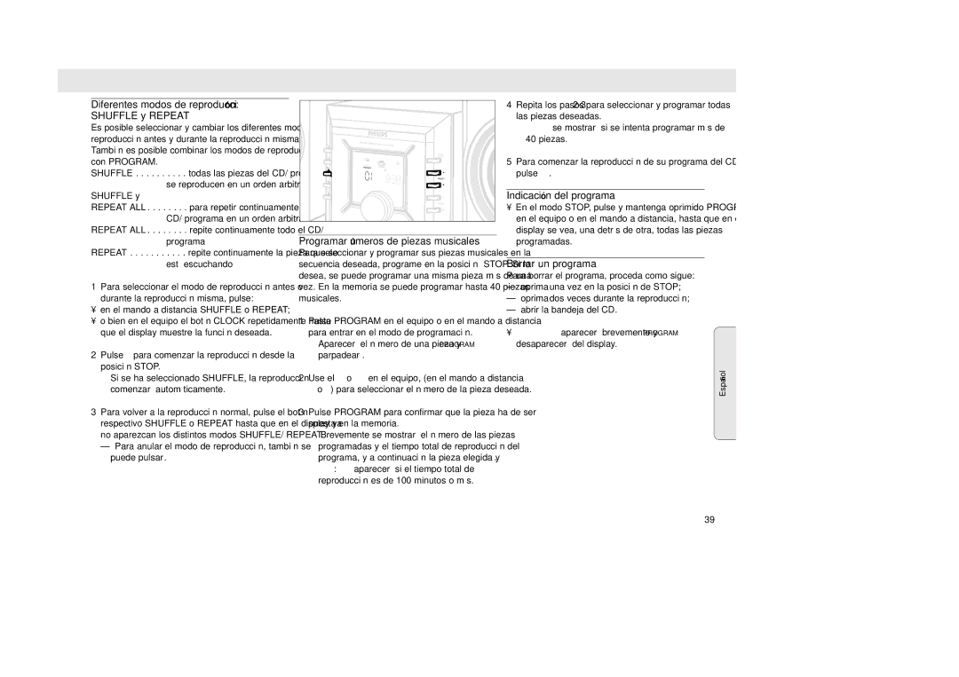 Philips MZ-33 Diferentes modos de reproducción Shuffle y Repeat, Programar números de piezas musicales, Borrar un programa 
