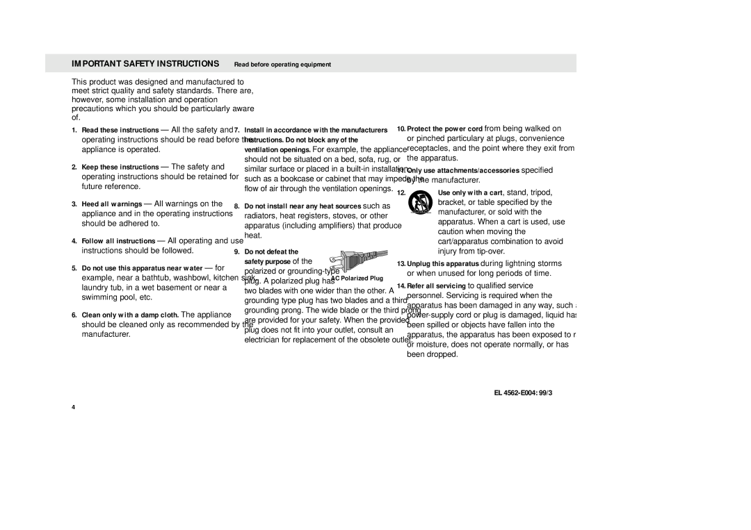 Philips MZ-33 manual EL 4562-E004 99/3, Plug. a polarized plug has 