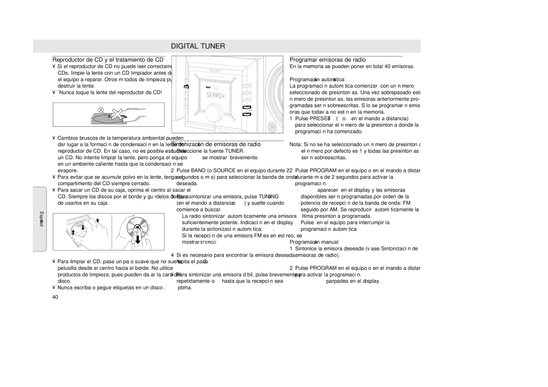 Philips MZ-33 Reproductor de CD y el tratamiento de CD, Programar emisoras de radio, Sintonización de emisoras de radio 