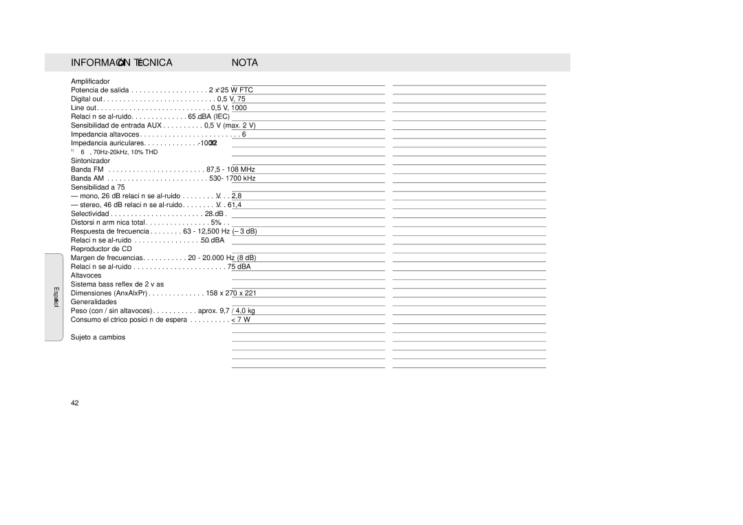 Philips MZ-33 manual Información Técnica, Nota 