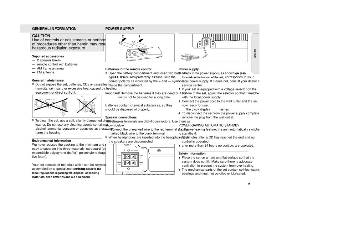 Philips MZ-33 manual General Information, Power Supply 