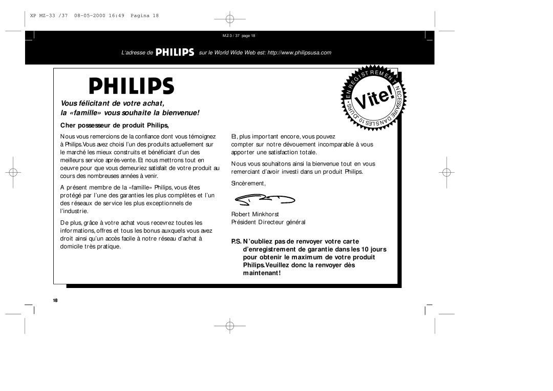 Philips MZ-33 Vous félicitant de votre achat, la «famille» vous souhaite la bienvenue, Cher possesseur de produit Philips 