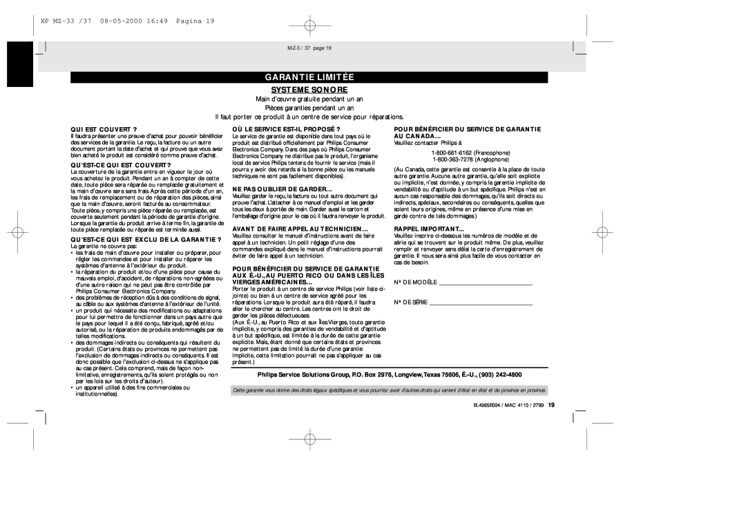Philips manual Garantie Limitée, Systeme Sonore, XP MZ-33 /37 08-05-2000 1649 Pagina 