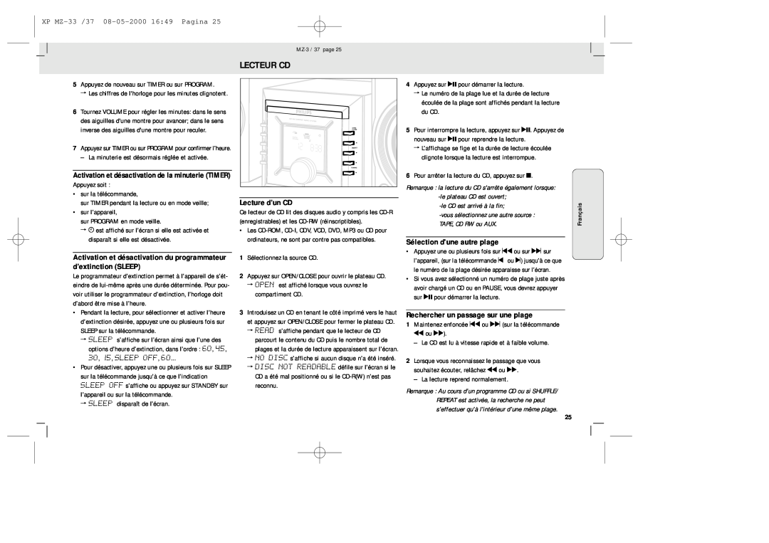 Philips MZ-33 manual Lecteur Cd, Activation et désactivation du programmateur d’extinction SLEEP, Lecture d’un CD 
