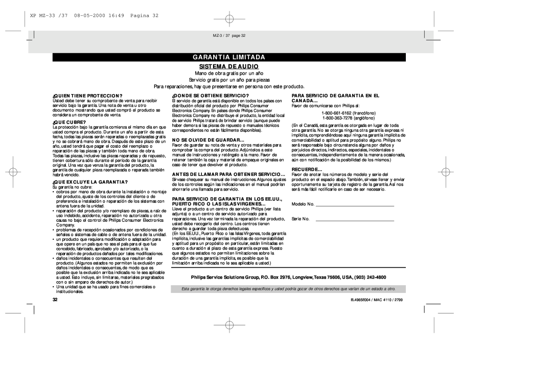 Philips manual Garantia Limitada, Sistema De Audio, XP MZ-33 /37 08-05-2000 1649 Pagina 