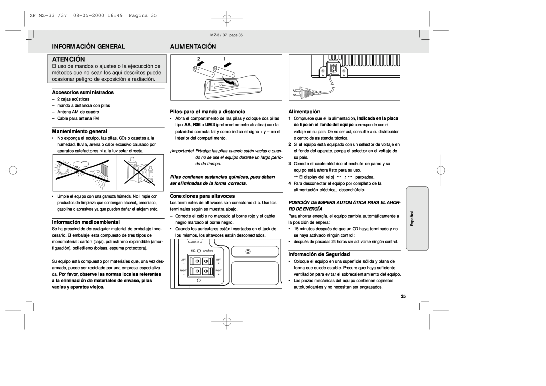 Philips MZ-33 manual Atención, Información General, Alimentación, Accesorios suministrados, Mantenimiento general 