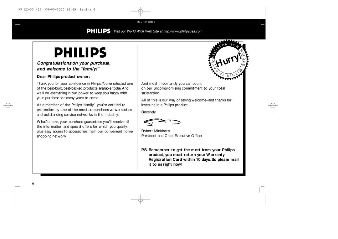 Philips MZ-33 manual Dear Philips product owner, And most importantly you can count, AHurry 