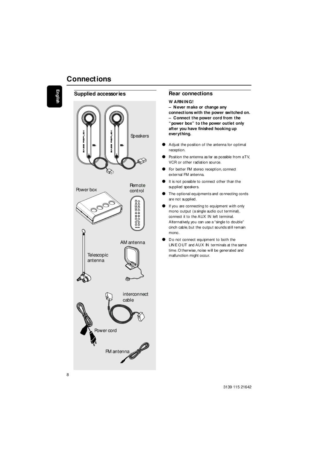 Philips MZ1100, MZ1000, MZ1200 manual Connections, Supplied accessories, Rear connections 