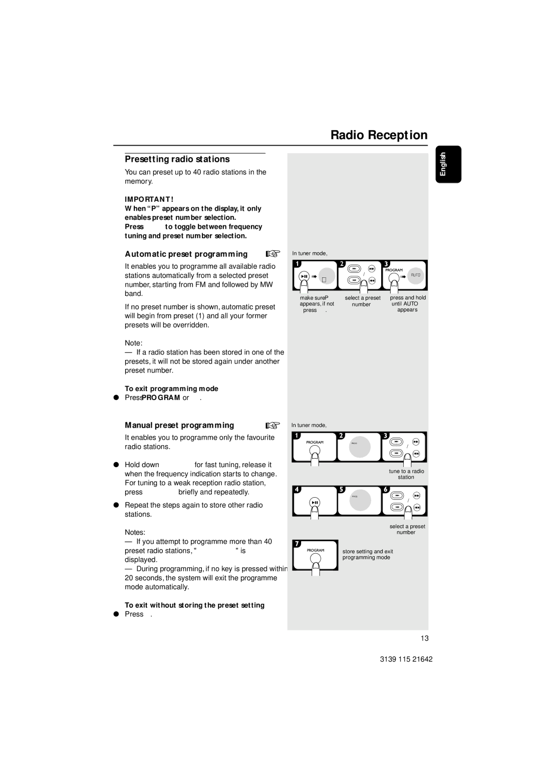 Philips MZ1000, MZ1100, MZ1200 manual Presetting radio stations, ÖAutomatic preset programming, ÖManual preset programming 