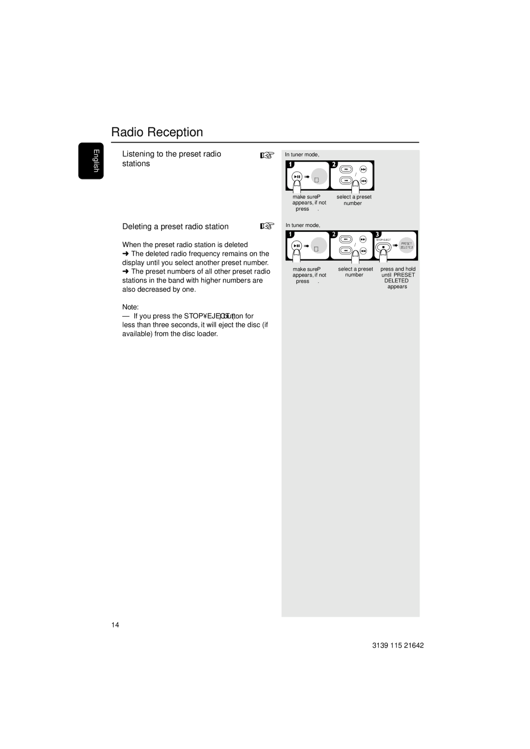 Philips MZ1100, MZ1000, MZ1200 manual When the preset radio station is deleted 