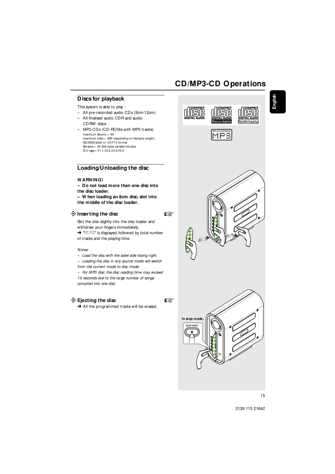 Philips MZ1200, MZ1000, MZ1100 CD/MP3-CD Operations, Discs for playback, Loading/Unloading the disc, ÖInserting the disc 