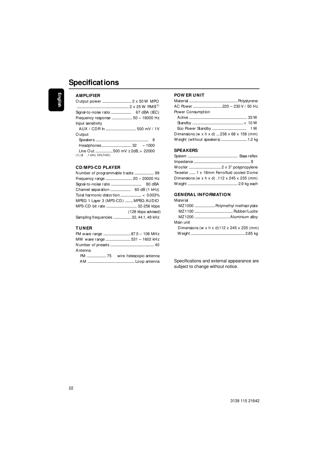 Philips MZ1000, MZ1100, MZ1200 manual Specifications 