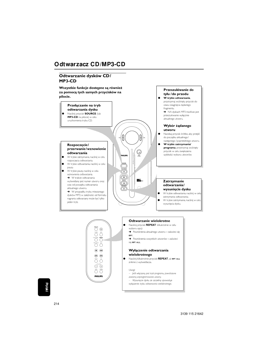 Philips MZ1000, MZ1100, MZ1200 manual Odtwarzanie dysków CD, 214 