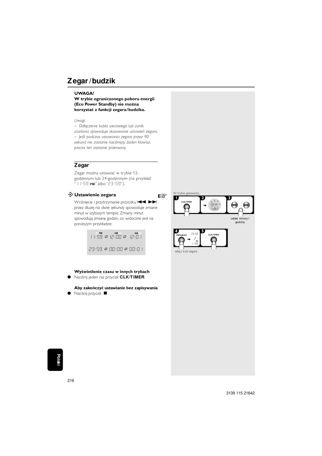 Philips MZ1200, MZ1000, MZ1100 manual Zegar / budzik, ÖUstawienie zegara 