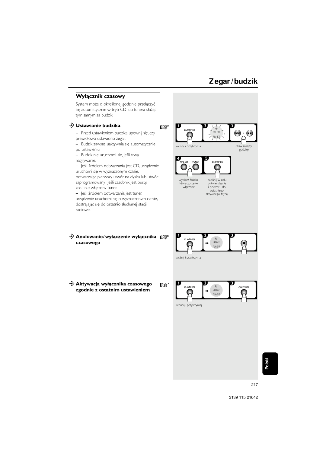 Philips MZ1000, MZ1100, MZ1200 manual Wyłącznik czasowy, ÖUstawianie budzika, 217 