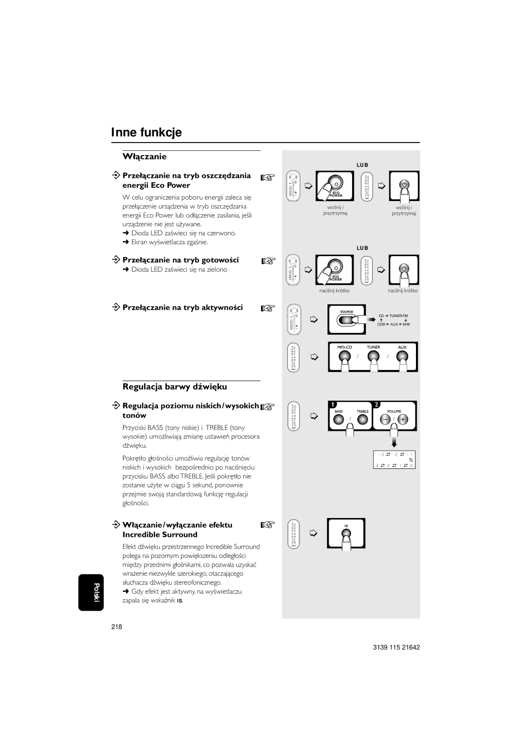 Philips MZ1100, MZ1000, MZ1200 manual Inne funkcje, Włączanie, Regulacja barwy dźwięku 