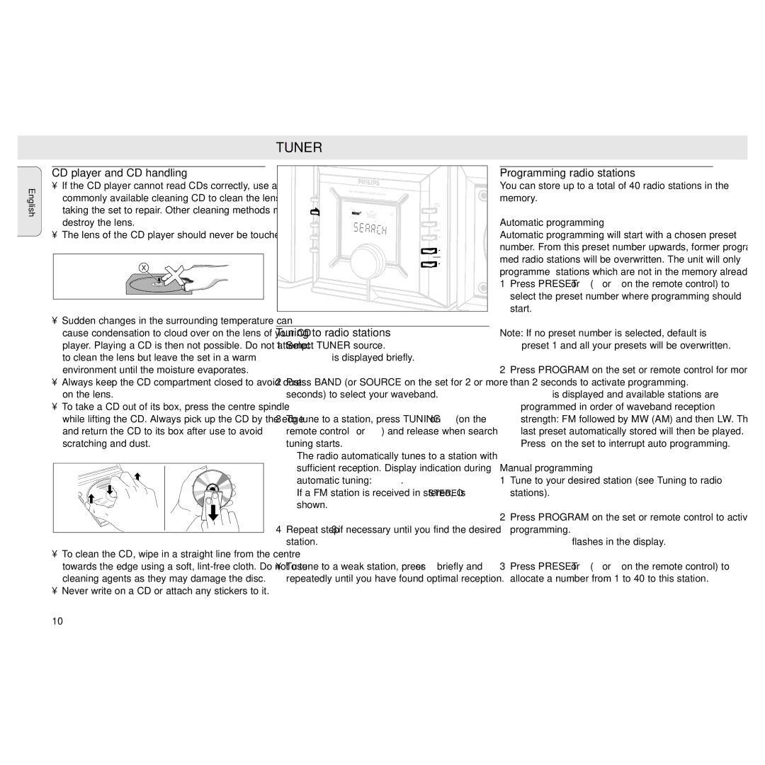 Philips MZ3 manual CD player and CD handling, Tuning to radio stations, Programming radio stations, Automatic programming 