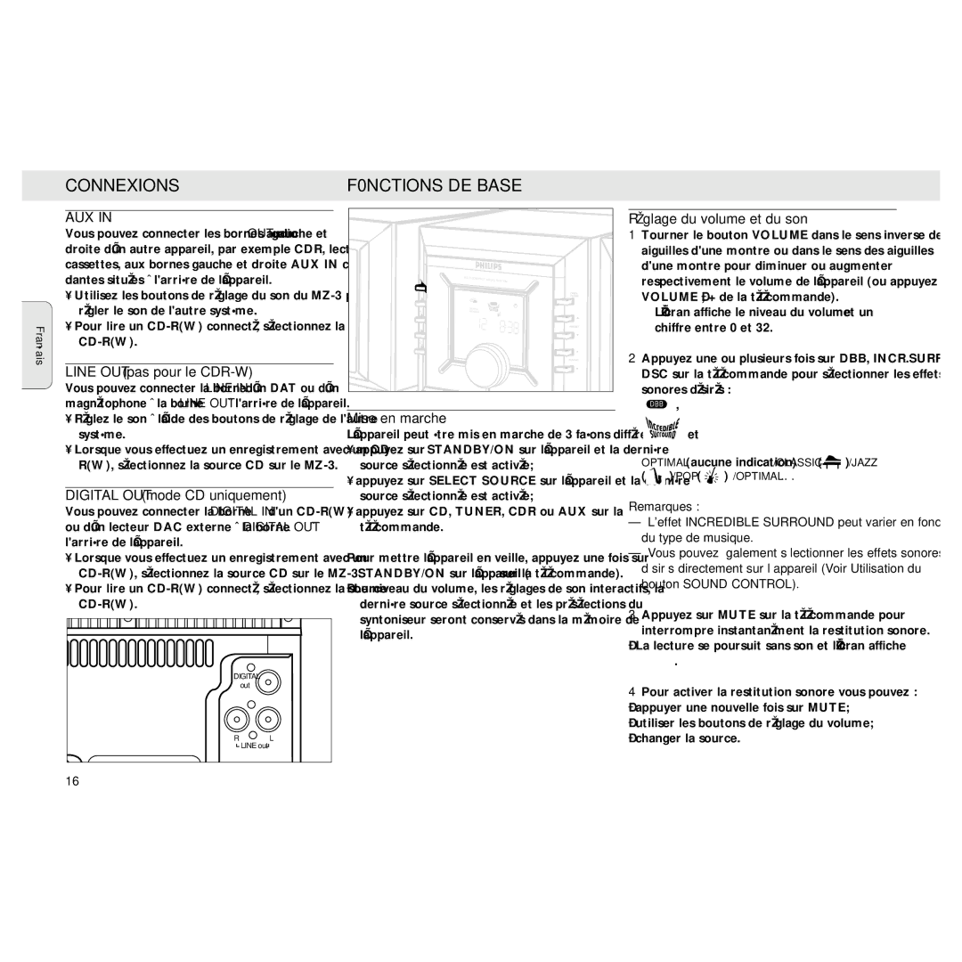 Philips MZ3 manual Connexions, F0NCTIONS DE Base, Line OUT pas pour le CDR-W, Digital OUT mode CD uniquement 