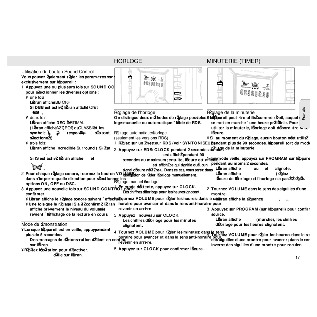 Philips MZ3 Horloge, Minuterie Timer, Utilisation du bouton Sound Control, Réglage de lhorloge, Réglage de la minuterie 