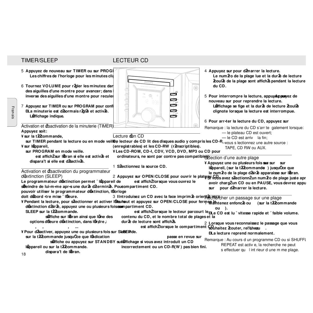 Philips MZ3 manual Timer/Sleep, Lecteur CD, Lecture d’un CD, Rechercher un passage sur une plage 