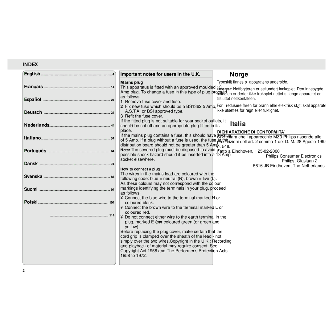 Philips MZ3 manual Index, Mains plug, Dichiarazione DI CONFORMITA’, How to connect a plug 