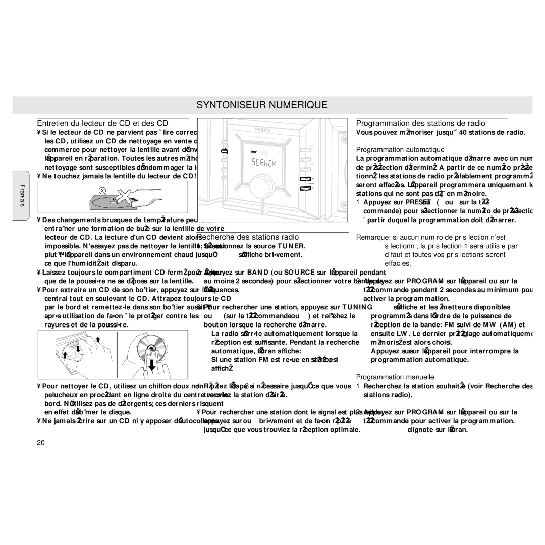 Philips MZ3 manual Syntoniseur Numerique, Entretien du lecteur de CD et des CD, Programmation des stations de radio 