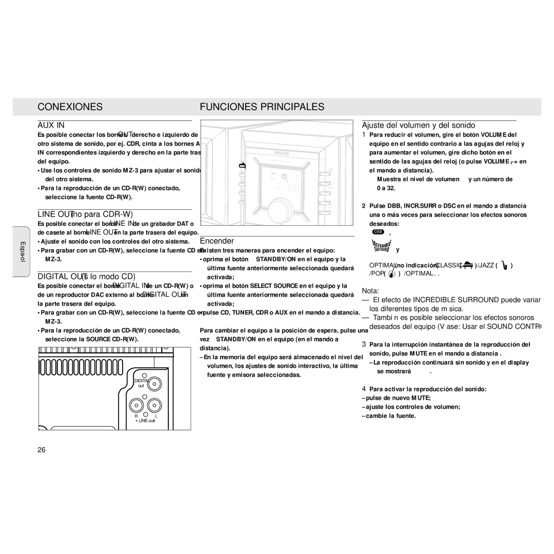 Philips MZ3 manual Conexiones Funciones Principales, Line OUT no para CDR-W, Digital OUT sólo modo CD, Nota 