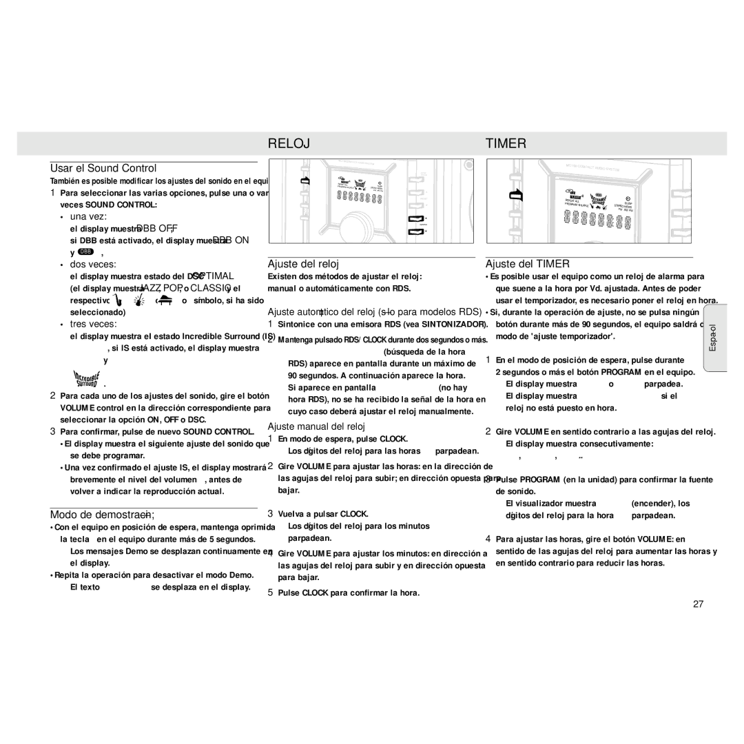 Philips MZ3 manual Reloj, Usar el Sound Control, Modo de demostración, Ajuste del reloj, Ajuste del Timer 