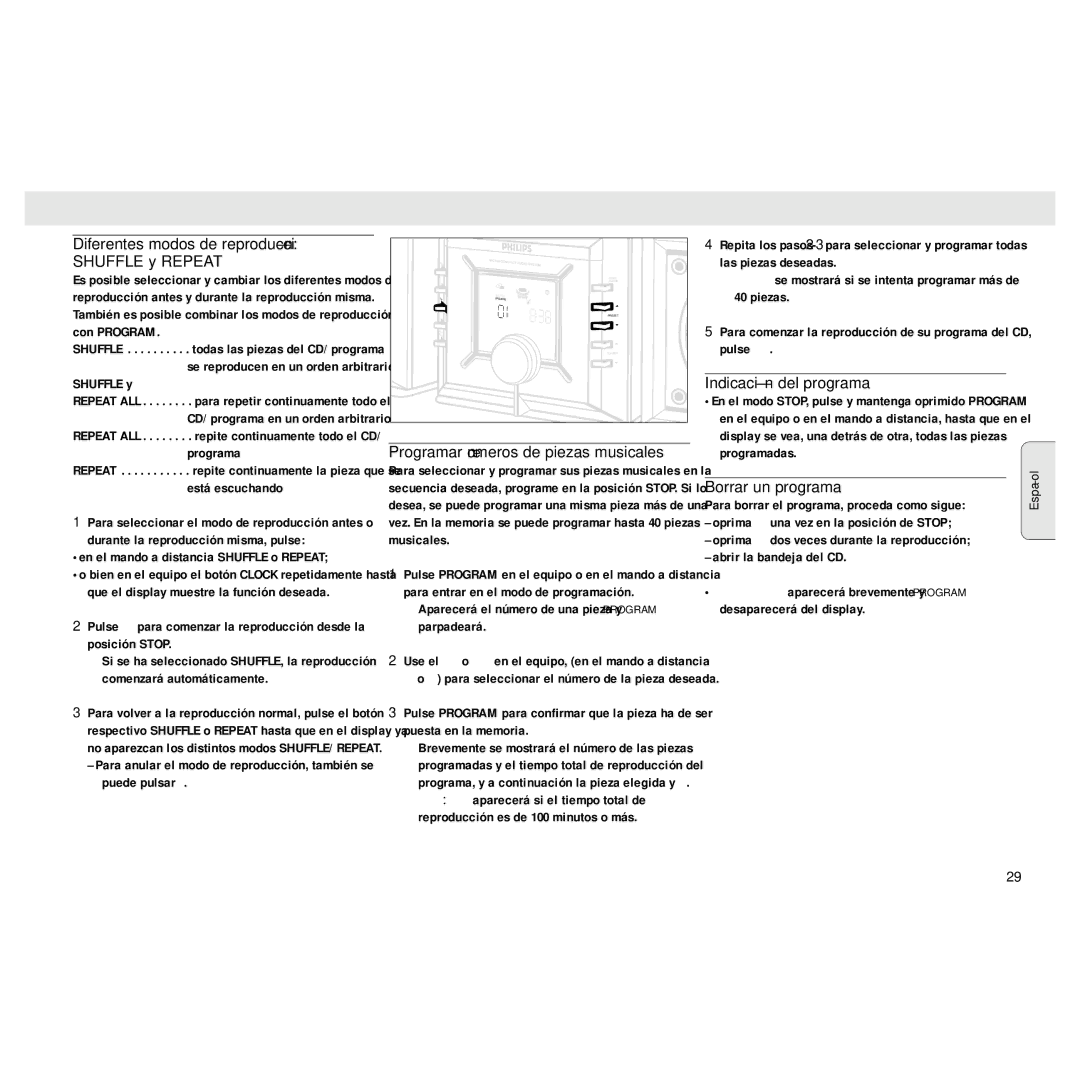 Philips MZ3 Diferentes modos de reproducción Shuffle y Repeat, Programar números de piezas musicales, Borrar un programa 