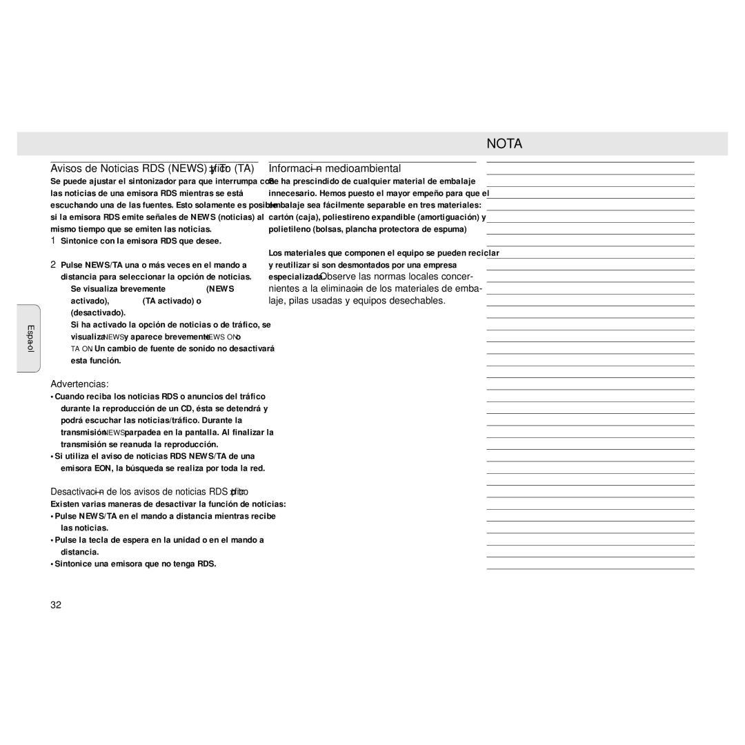 Philips MZ3 manual Nota, Información medioambiental, Avisos de Noticias RDS News y Tráfico TA, Advertencias 