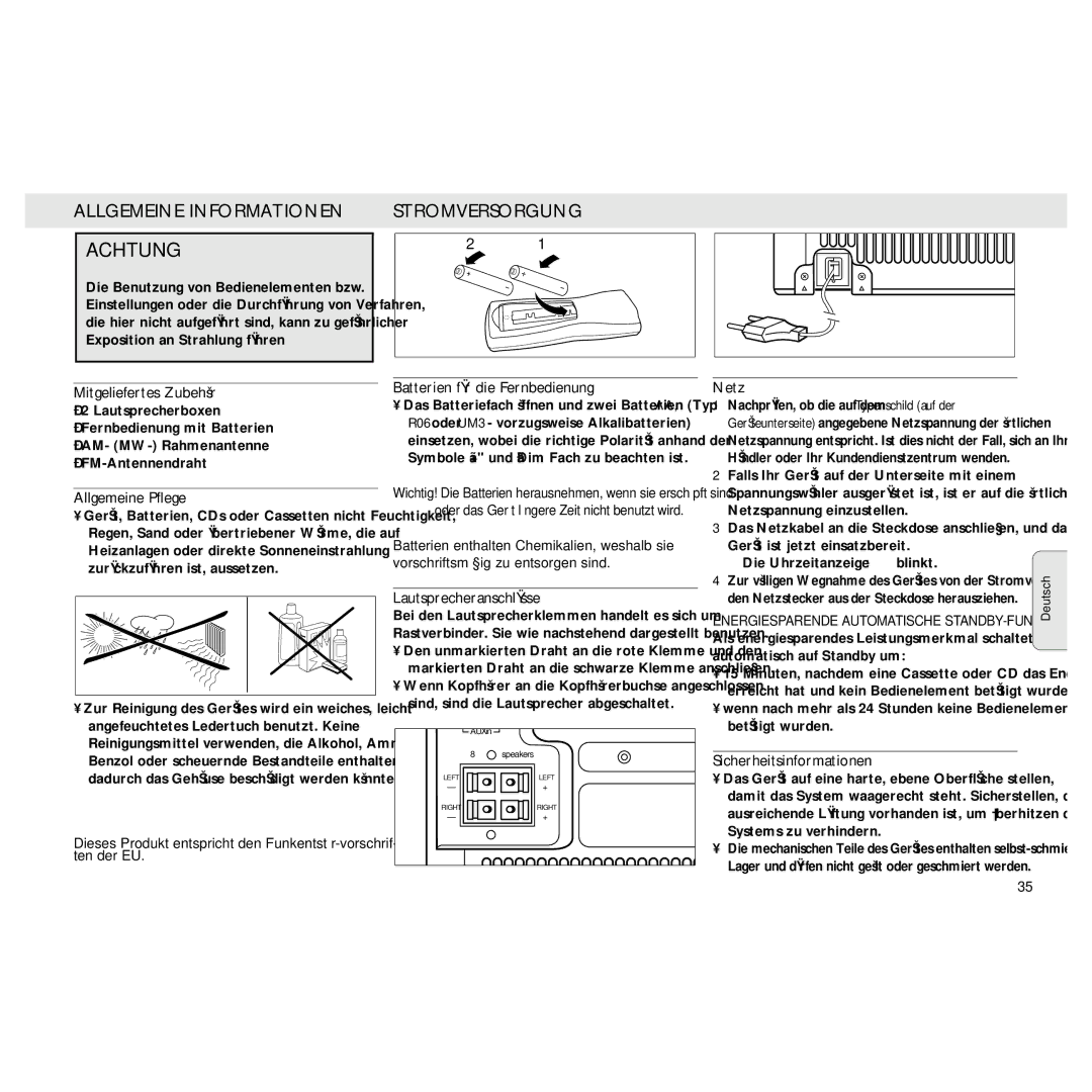 Philips MZ3 manual Allgemeine Informationen Achtung, Stromversorgung 