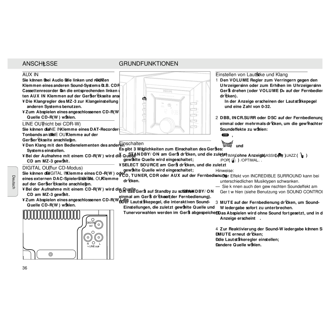 Philips MZ3 Anschlüsse, Line OUT nicht bei CDR-W, Digital OUT nur CD-Modus, Einstellen von Lautstärke und Klang, Hinweise 