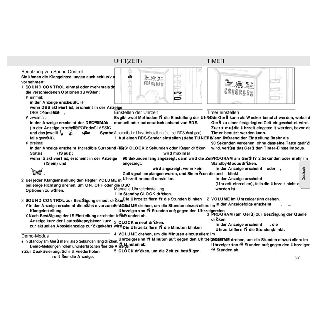 Philips MZ3 manual Benutzung von Sound Control, Demo-Modus, Einstellen der Uhrzeit, Timer einstellen 