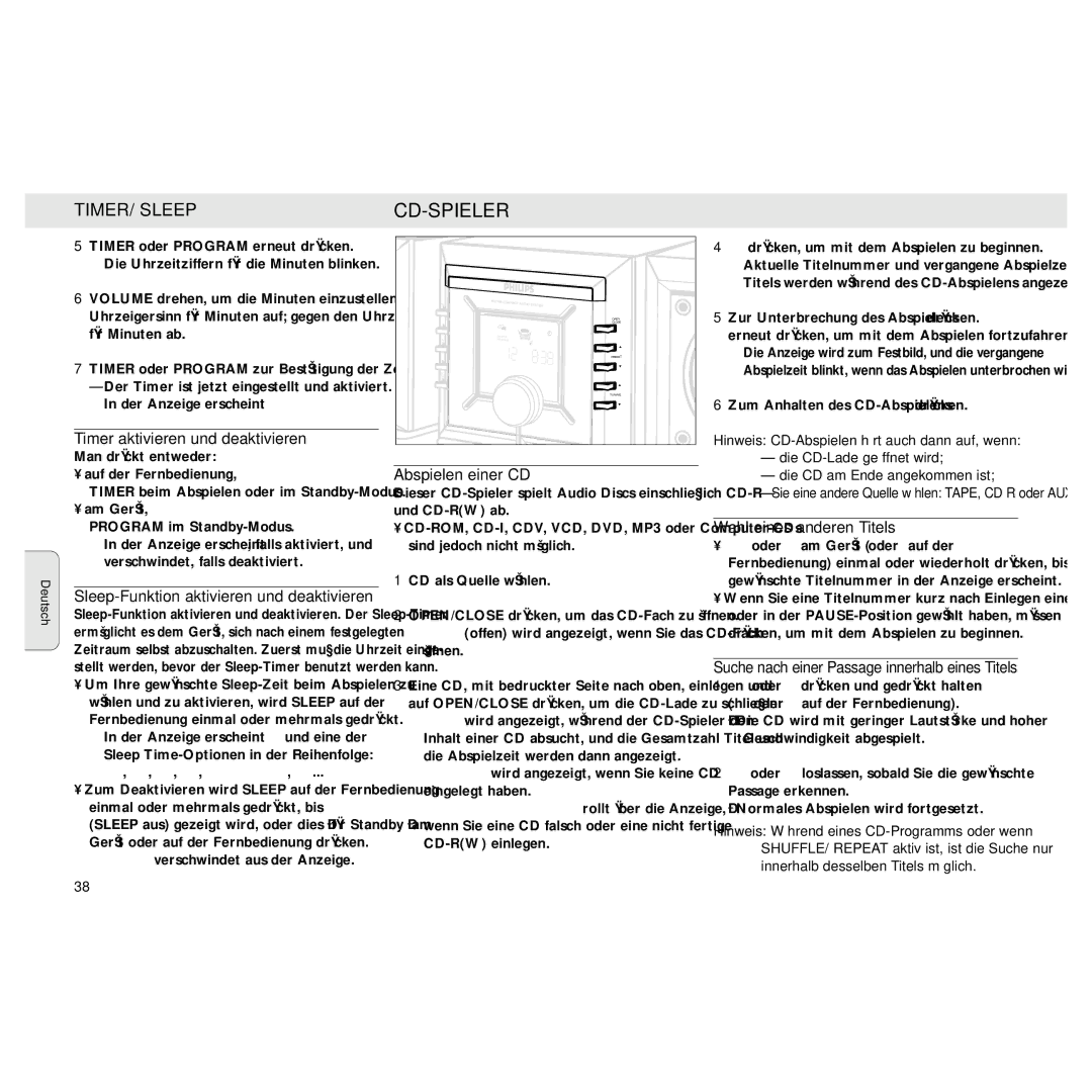 Philips MZ3 Cd-Spieler, Timer aktivieren und deaktivieren, Sleep-Funktion aktivieren und deaktivieren, Abspielen einer CD 