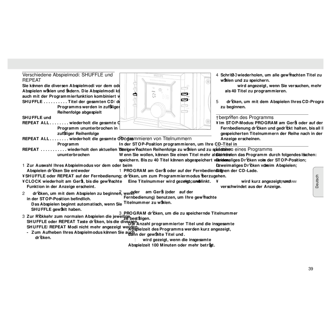 Philips MZ3 manual Verschiedene Abspielmodi Shuffle und, Repeat, Programmieren von Titelnummern, Überprüfen des Programms 