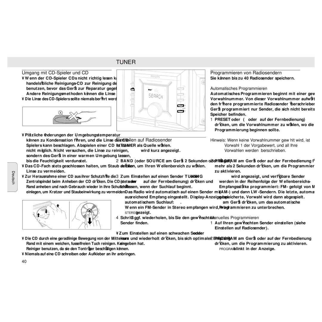 Philips MZ3 manual Umgang mit CD-Spieler und CD, Einstellen auf Radiosender, Programmieren von Radiosendern 