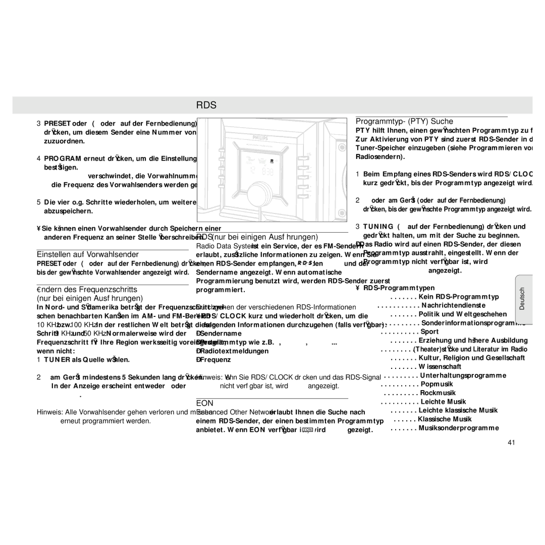 Philips MZ3 manual Einstellen auf Vorwahlsender, RDS nur bei einigen Ausführungen, Programmtyp- PTY Suche 