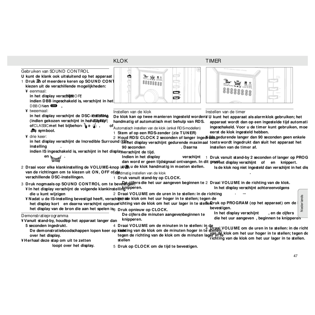 Philips MZ3 manual Klok, Instellen van de timer, Demonstratieprogramma 