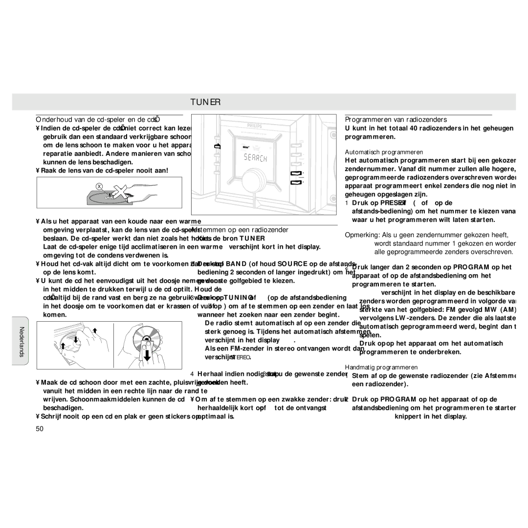 Philips MZ3 manual Onderhoud van de cd-speler en de cd’s, Afstemmen op een radiozender, Programmeren van radiozenders 