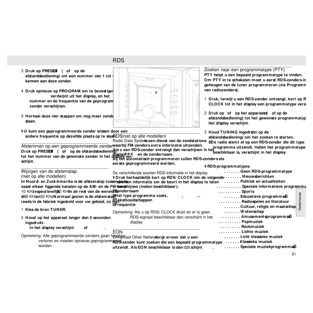 Philips MZ3 manual Rds, Zoeken naar een programmatype PTY, RDS niet op alle modellen, Wijzigen van de afstemstap 