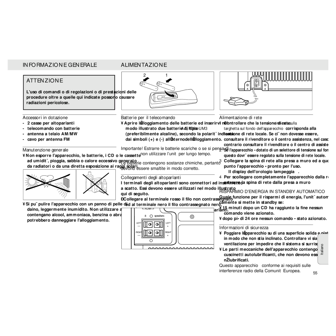 Philips MZ3 manual Informazione Generale Attenzione, Alimentazione 