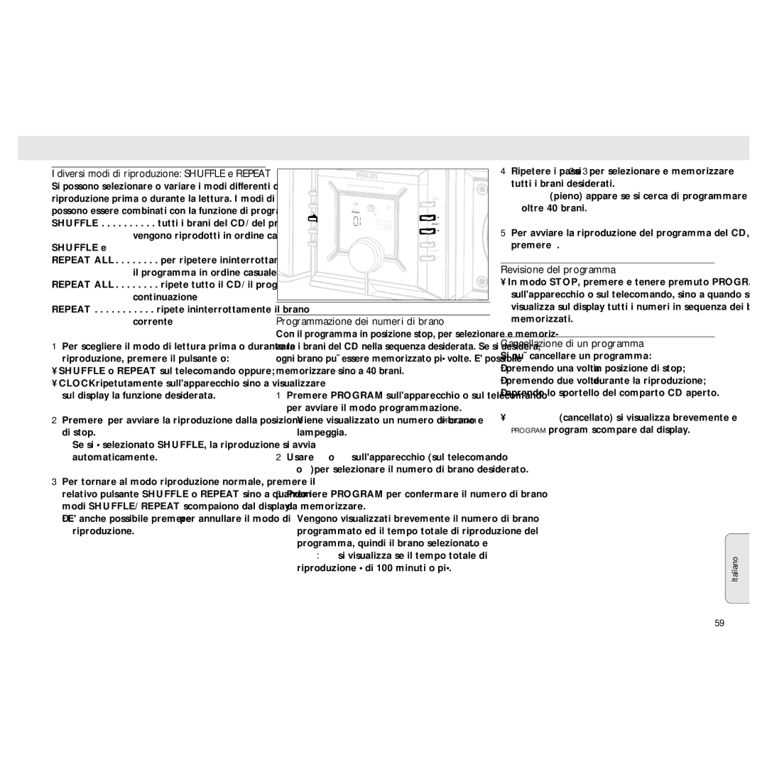 Philips MZ3 manual Programmazione dei numeri di brano, Revisione del programma, Cancellazione di un programma 