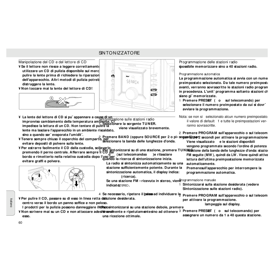 Philips MZ3 Manipolazione del CD e del lettore di CD, Sintonizzazione sulle stazioni radio, Programmazione automatica 