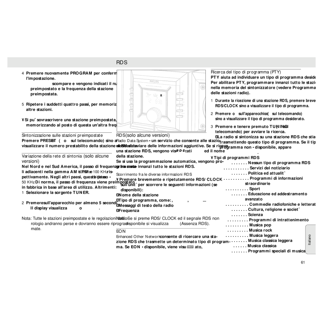 Philips MZ3 manual Variazione della rete di sintonia solo alcune versioni, Ricerca del tipo di programma PTY 