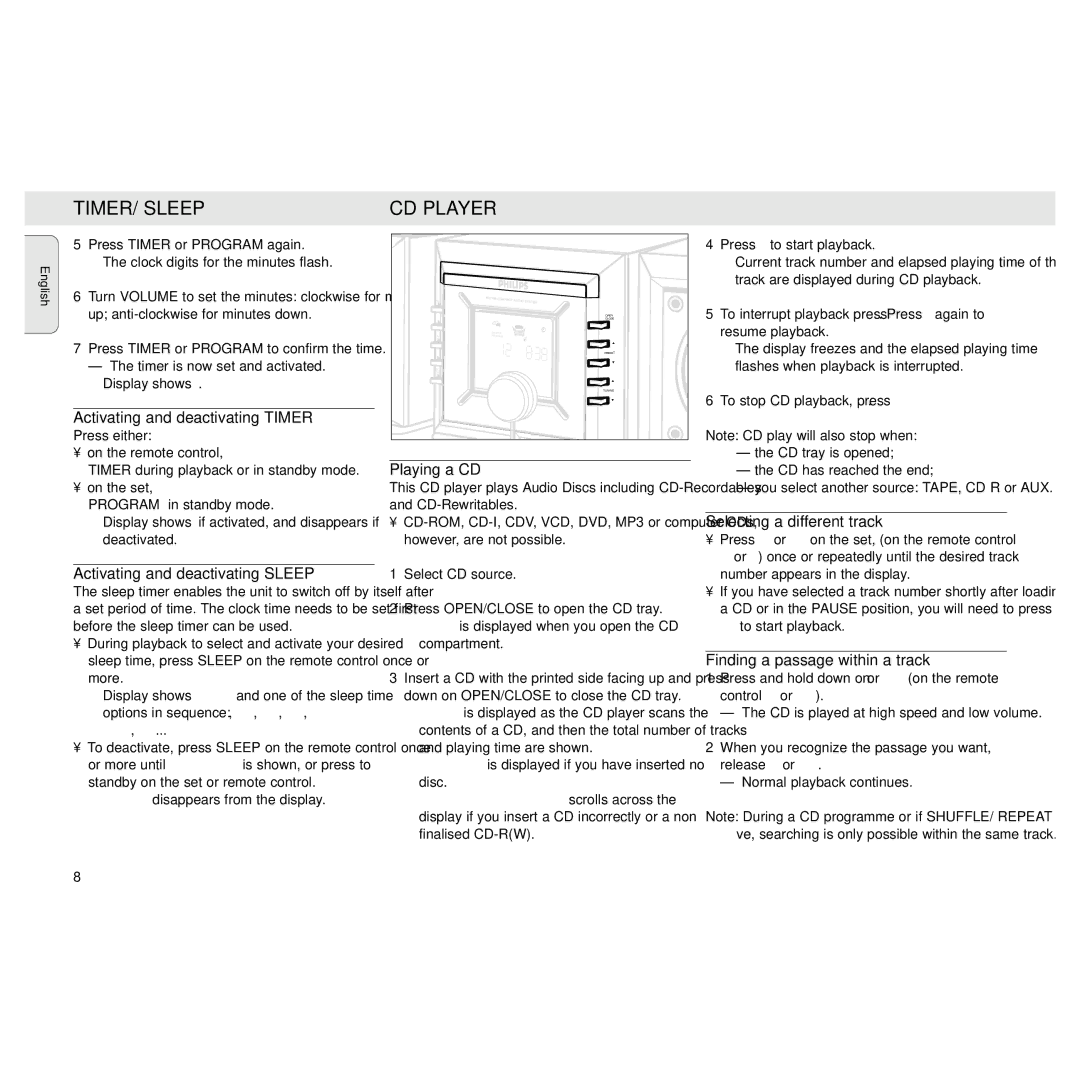 Philips MZ3 manual TIMER/ Sleep, CD Player 